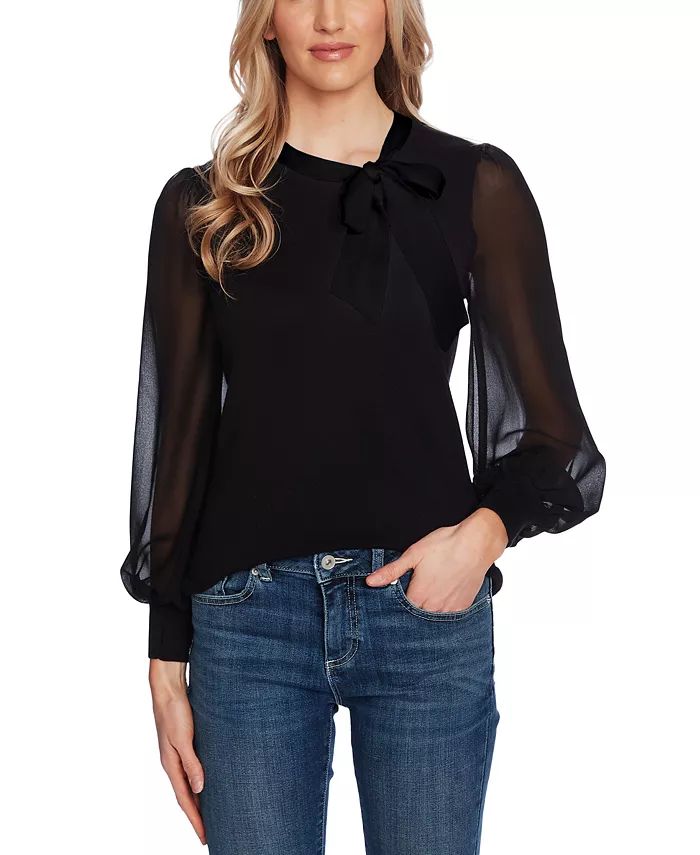 Women's Bow Neck Mixed Media Sheer Long Sleeve Sweater | Macy's