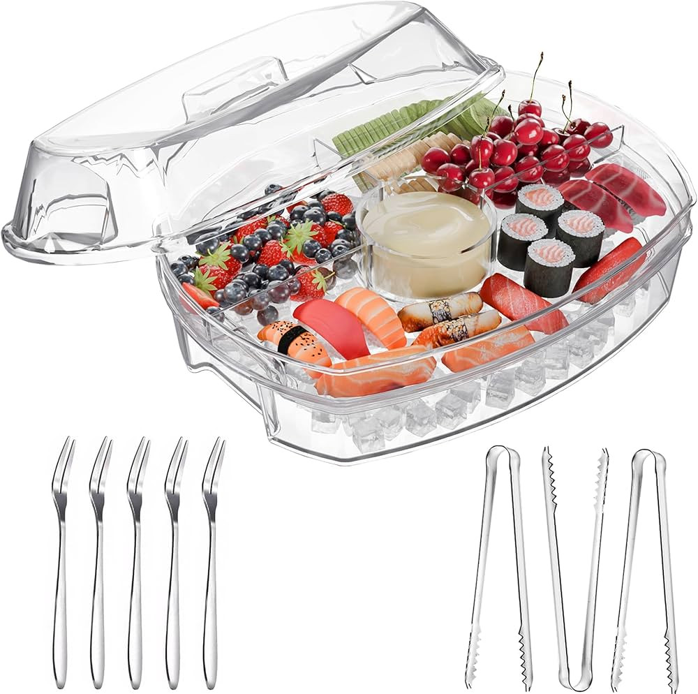 Large Ice Serving Tray for Parties with 5 Stainless Steel Forks and 3 Tongs, Chilled Veggie Fruit... | Amazon (US)