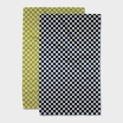 Geometry Tea Towel Set Lila: Modern Gingham Check, Quick Dry Microfiber, 2-Piece Kitchen Textile, Off-White/Black/Green | Target