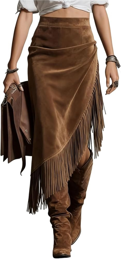 utcoco Womens Long Faux Suede Leather Skirt Vintage Western Bodycon Midi Skirt with Tassels | Amazon (US)