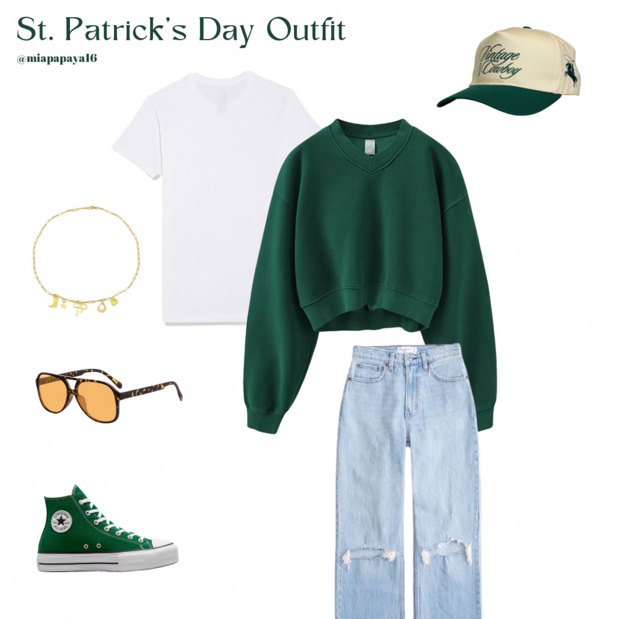 St. Patrick’s Day Outfit Inspo 💚

• Green Vintage Trucker Hat

• Cropped Crewneck Sweatshirt with white layering t-shirt

• @abercrombie Curve Love high waisted 90s relaxed jeans in medium destroy

• Converse Chuck Taylor All Star Lift Platform Hightops in Midnight Clover

• Costal Cowgirl Gold Charm Necklace 

• Classic Vintage Aviator Sunglasses

#LTKSpringSale #LTKshoecrush #LTKsalealert