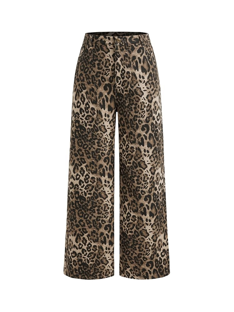 CIDER Denim Mid Waist Leopard Wide Leg Pants | Amazon (US)