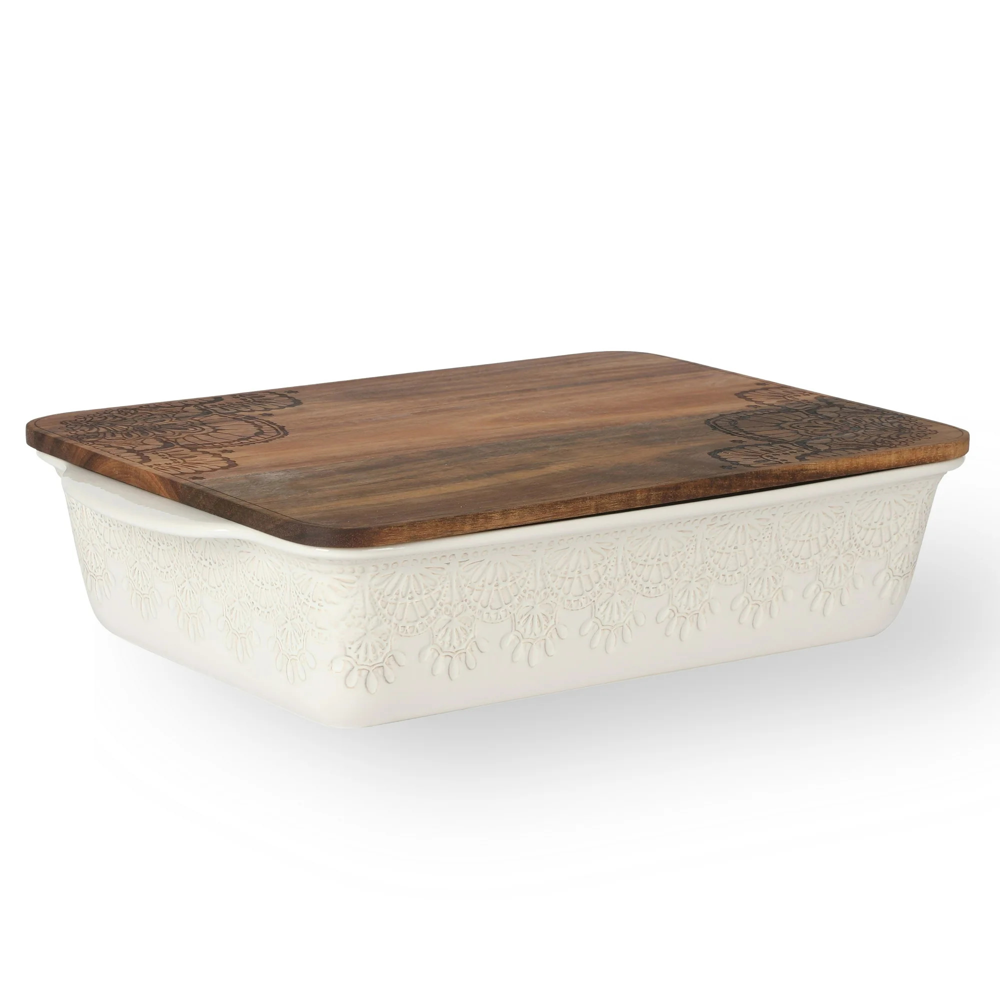 The Pioneer Woman 9" x 13" Vintage Lace Ceramic Casserole Baking Dish with Wood Lid, Linen | Walmart (US)