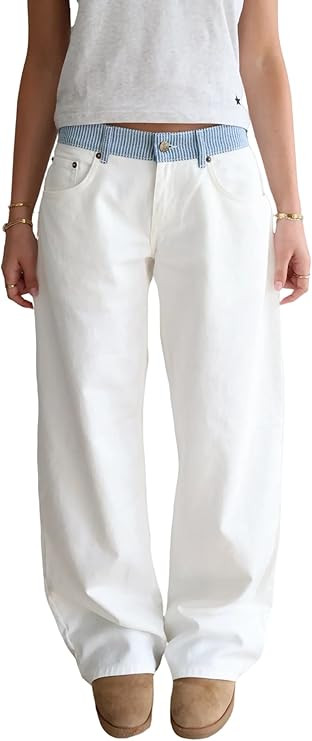 Women's Adjustable Waist Wide Leg Jeans Casual High Waisted Baggy Straight Leg Denim Pants | Amazon (US)