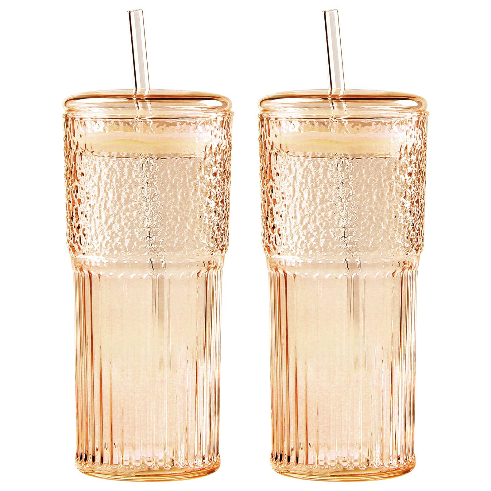 GOSCHE Glass Cups with Straws and Lids 2 Pack, 20oz Drinking Jar Glass Iced Coffee Cups Set, Vintage Ripple Glassware Smoothie Cups for Water Coffee Tea, Amber | Amazon (US)
