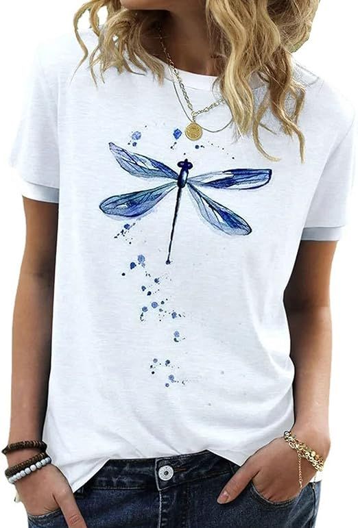 Women's Graphic Tees Casual Summer Funny Dragonfly Printed Short Sleeve Cute T Shirts Tops | Amazon (US)