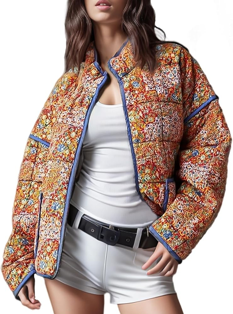 Wyeysyt Women's Cropped Puffer Jacket Lightweight Floral Print Long Sleeve Padded Quilted Puffy C... | Amazon (US)