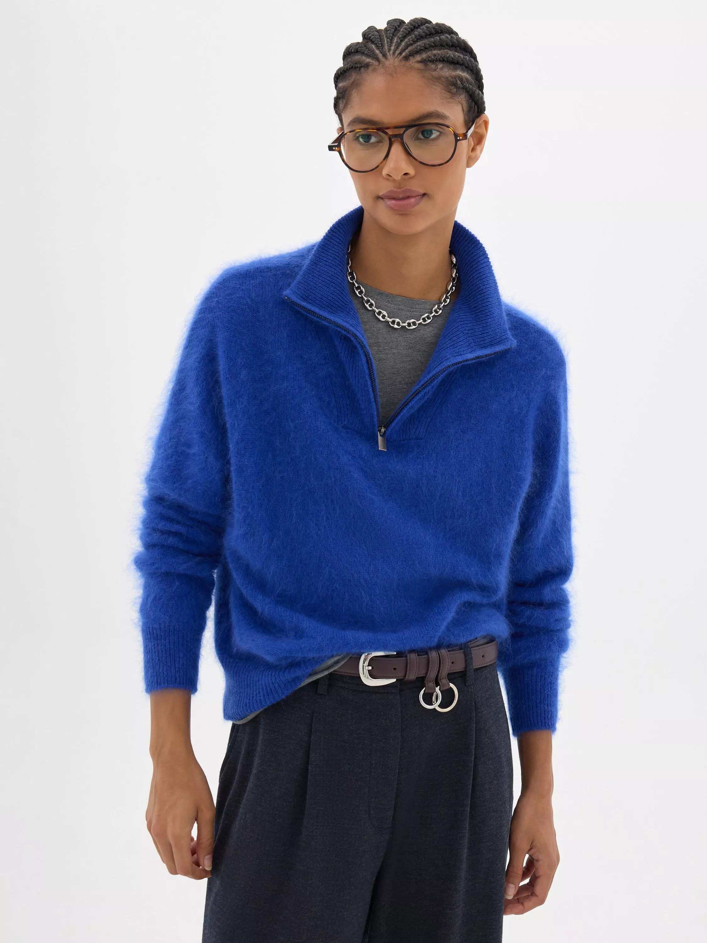 HUSH Seraphine Wool Zip-Neck Jumper, Bright Blue | John Lewis (UK)