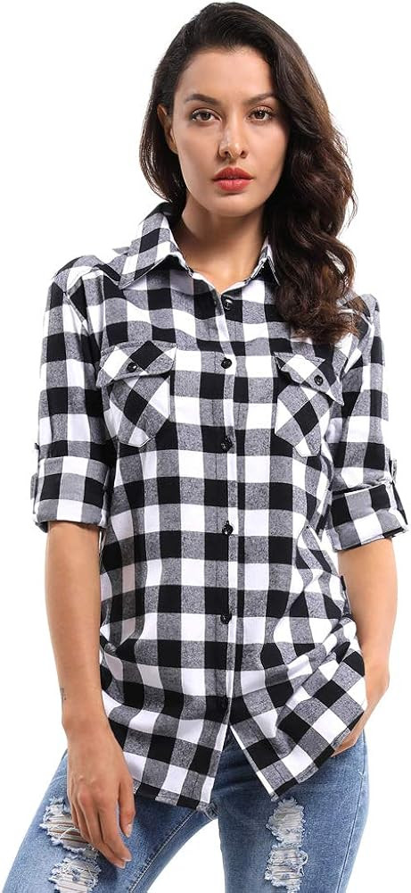 OCHENTA Women's Long Sleeve Button Down Plaid Flannel Shirt | Amazon (US)