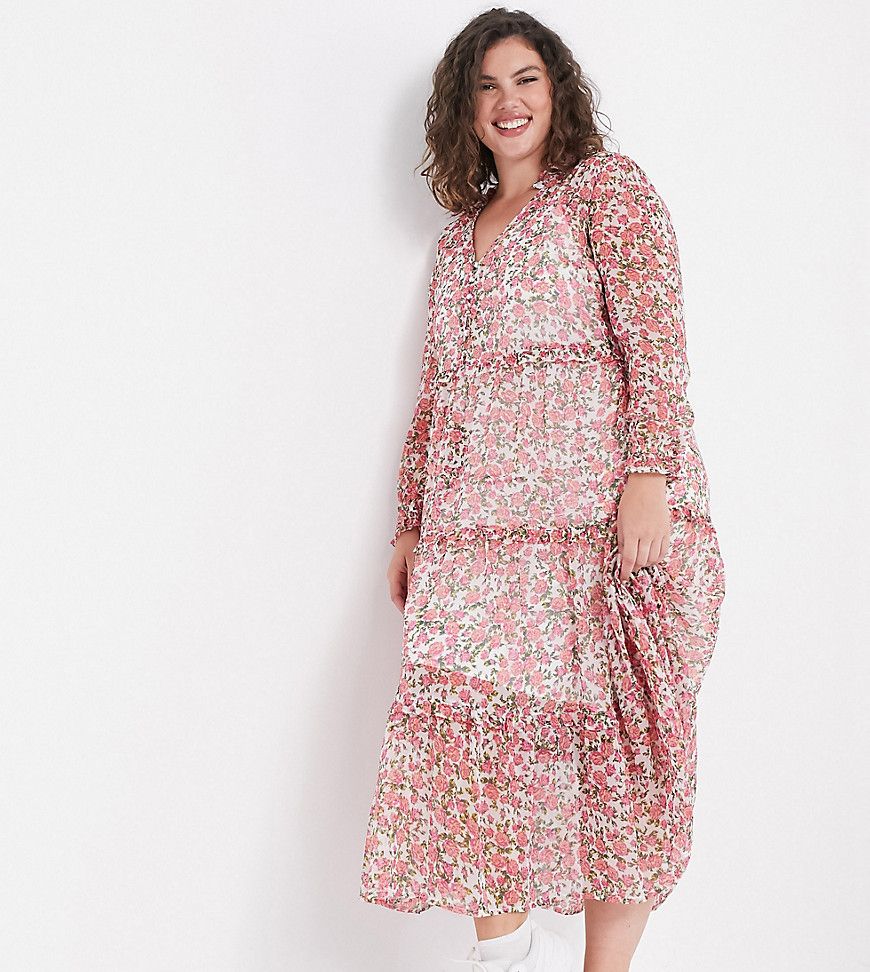 Neon Rose Plus oversized maxi smock dress with tiered skirt in ditsy floral-White | ASOS (Global)