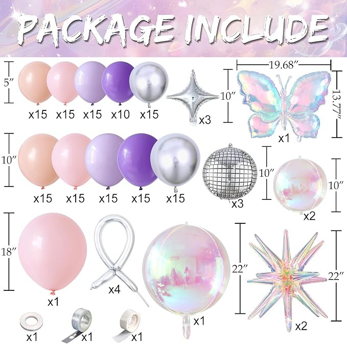 Space Disco Party Balloon Arch Kit,165Pcs Pink Purple Silver Balloon Garland with Iridescent Expl... | Amazon (US)