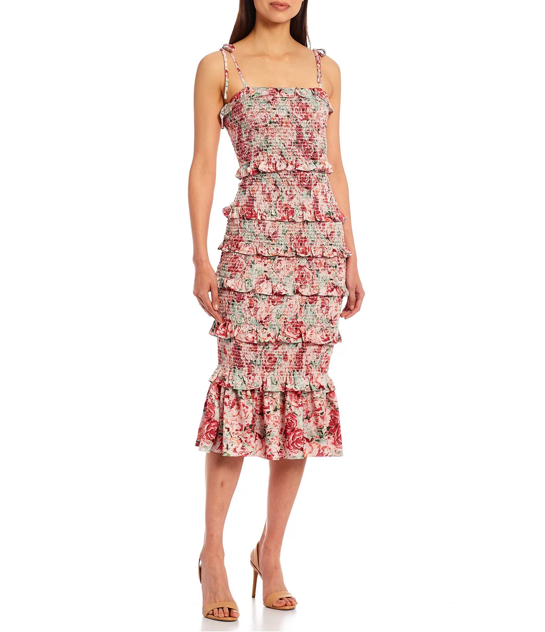 Valentina Floral Square Neck Smocked Sleeveless Ruffle Tiered Tie Shoulder Sheath Midi Dress | Dillards