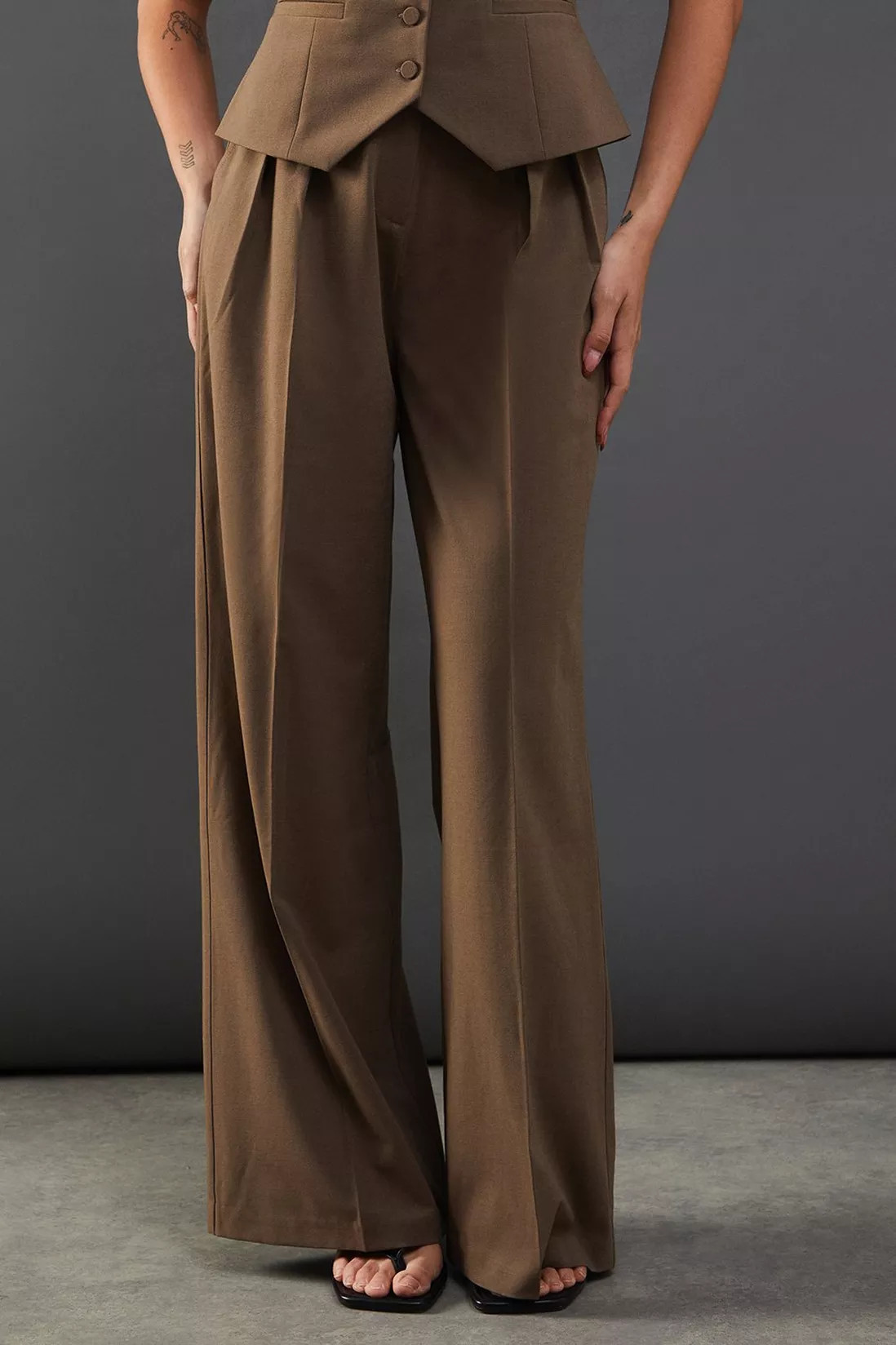 Trousers | Wool Blend Relaxed High Waisted Wide Leg Trouser | Warehouse | Miss Pap UK