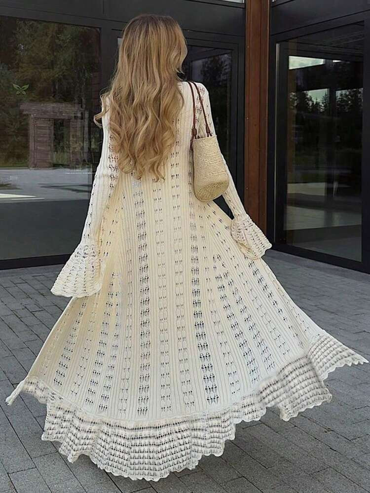 FOR BEAUTY Spring And Summer New Sexy V-Neck Long Sleeved Knitted Sun Dress For Women, Slim Fit And Casual Vacation Style Design, Thin Cut Hollow Trumpet Sleeve Boho Long Skirt | SHEIN