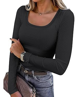 ANRABESS Womens Long Sleeve Shirts Scoop Neck Ribbed Knit Slim Fitted Tops Casual Basic Tee 2025 ... | Amazon (US)