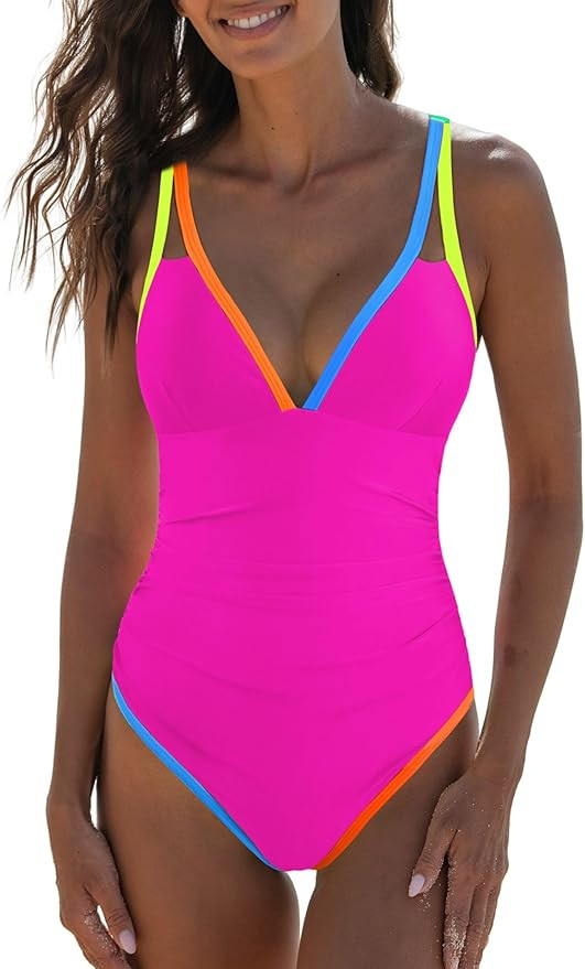popvil Women's Tummy Control Swimsuits One Piece Neon Color Block Swimwear Deep V Neck Slimming B... | Amazon (US)