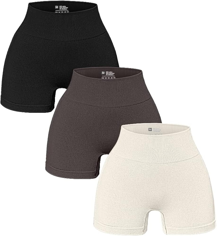 OQQ Women's 3 Piece Yoga Ribbed Seamless Workout High Waist Athletic Legging Shorts | Amazon (US)
