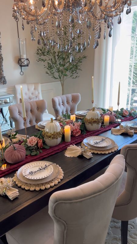 Fall tablescape 🎃🍂♥️ 

Thanksgiving, fall decor, tablescape, fall table, pumpkin decor, table setting, thanksgiving tablescape, dining room inspo