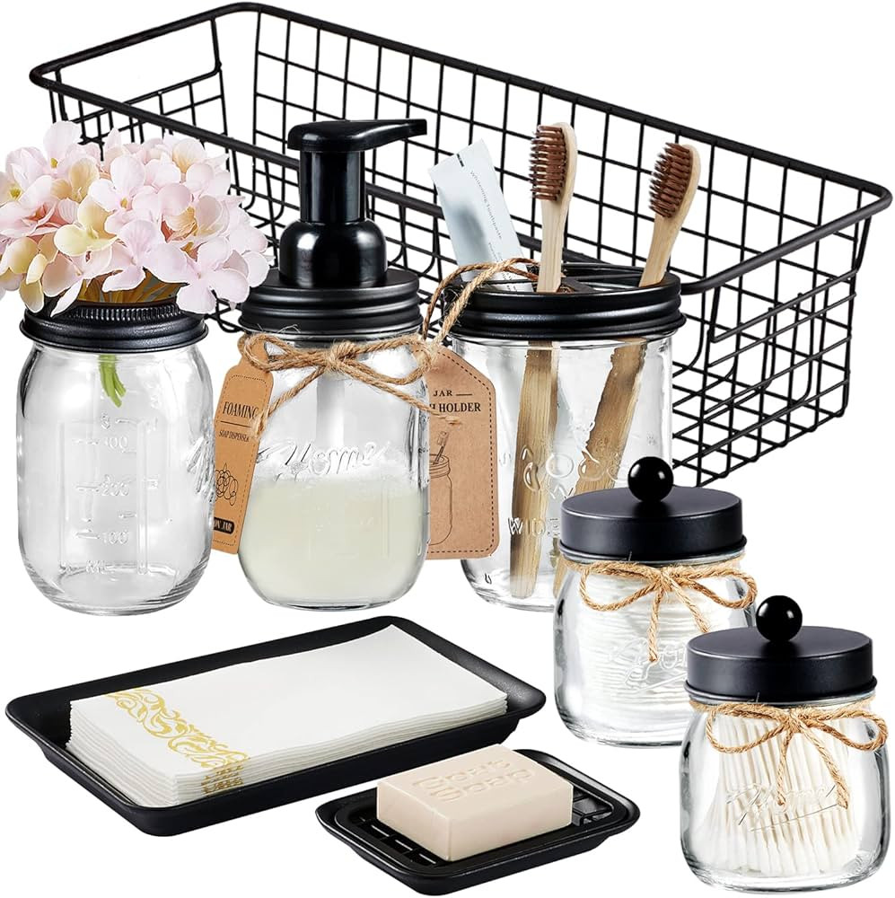 SheeChung Mason Jar Bathroom Accessories Set 8Pcs-Foaming Soap Dispenser,ToothbrushHolder,2Apothe... | Amazon (US)