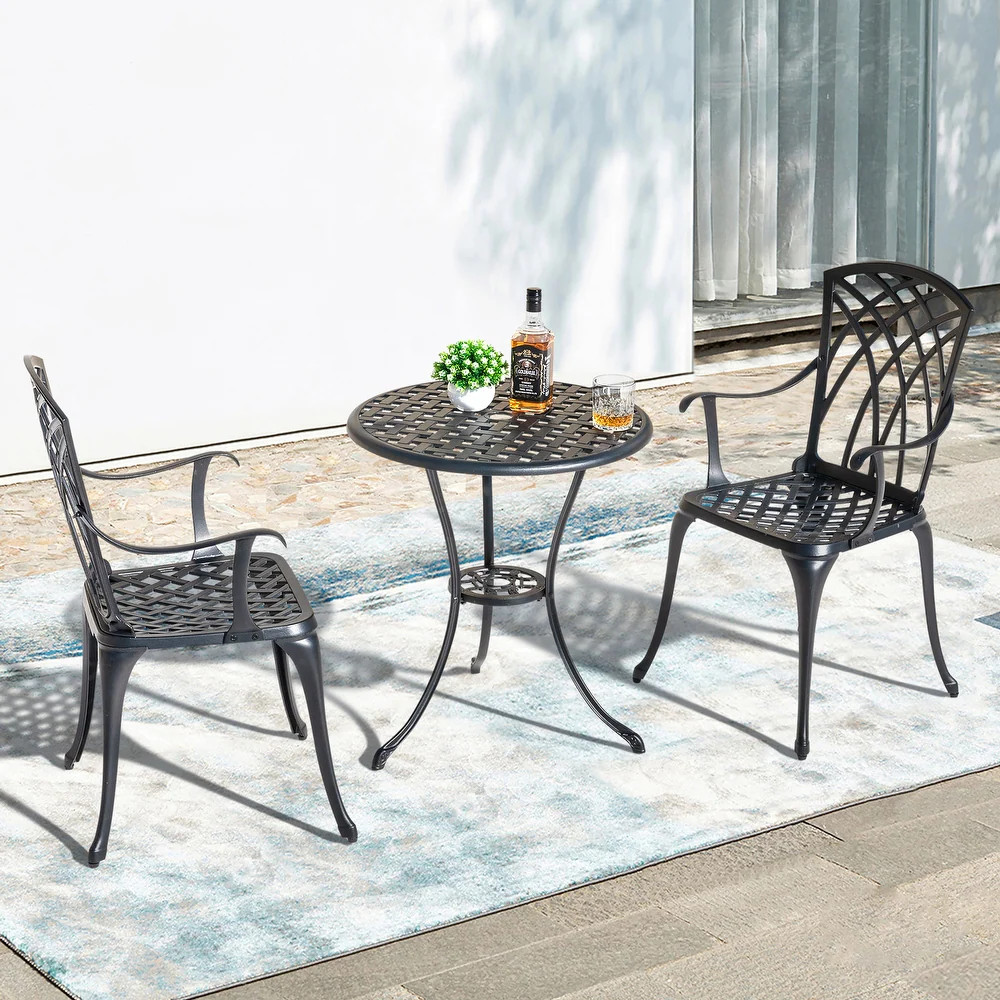 24 Inch Cast Aluminum Bistro Table with Umbrella Hole and 2 Bistro Chairs | Bed Bath & Beyond