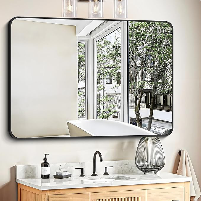 Bathroom Mirror 30" X 40", Large Rectangular Wall Mirror, Black Metal Framed Rounded Corner Wall ... | Amazon (US)