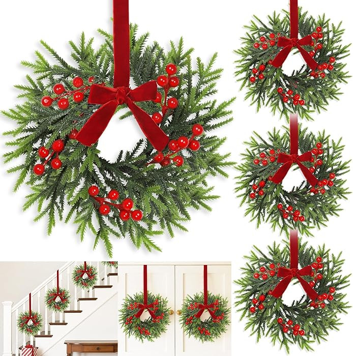 4 Pcs Mini Christmas Wreath for Cabinets Kitchen, 11 Inch Hanging Small Christmas Wreaths with Re... | Amazon (US)