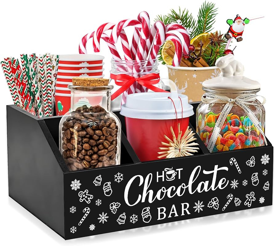 Christmas Hot Cocoa Bar Wood Coffee Station Organizer with 4 Compartment Double Layer Coffee Bar ... | Amazon (US)