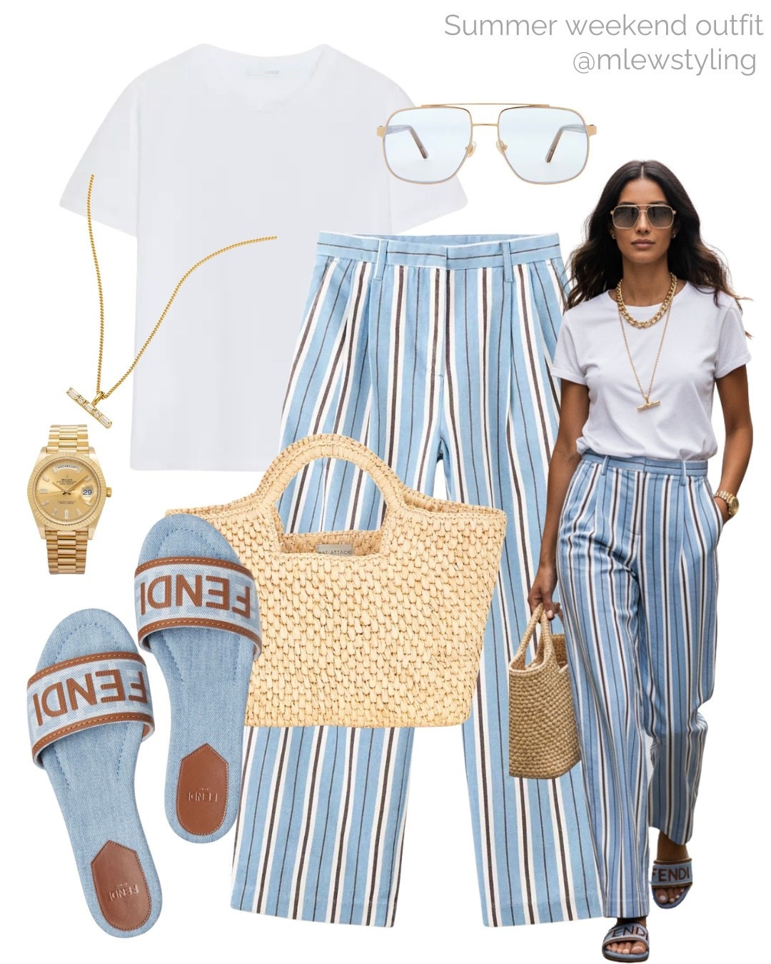 Summer stripes 🩵

Tags: summer outfit, Zara striped linen L.A. tea, white tee, aviator sunglasses, fendi slide sandals, raffia tote bag, gold watch, t-bar necklace, vacation look

#LTKsummer #LTKtravel #LTKshoes