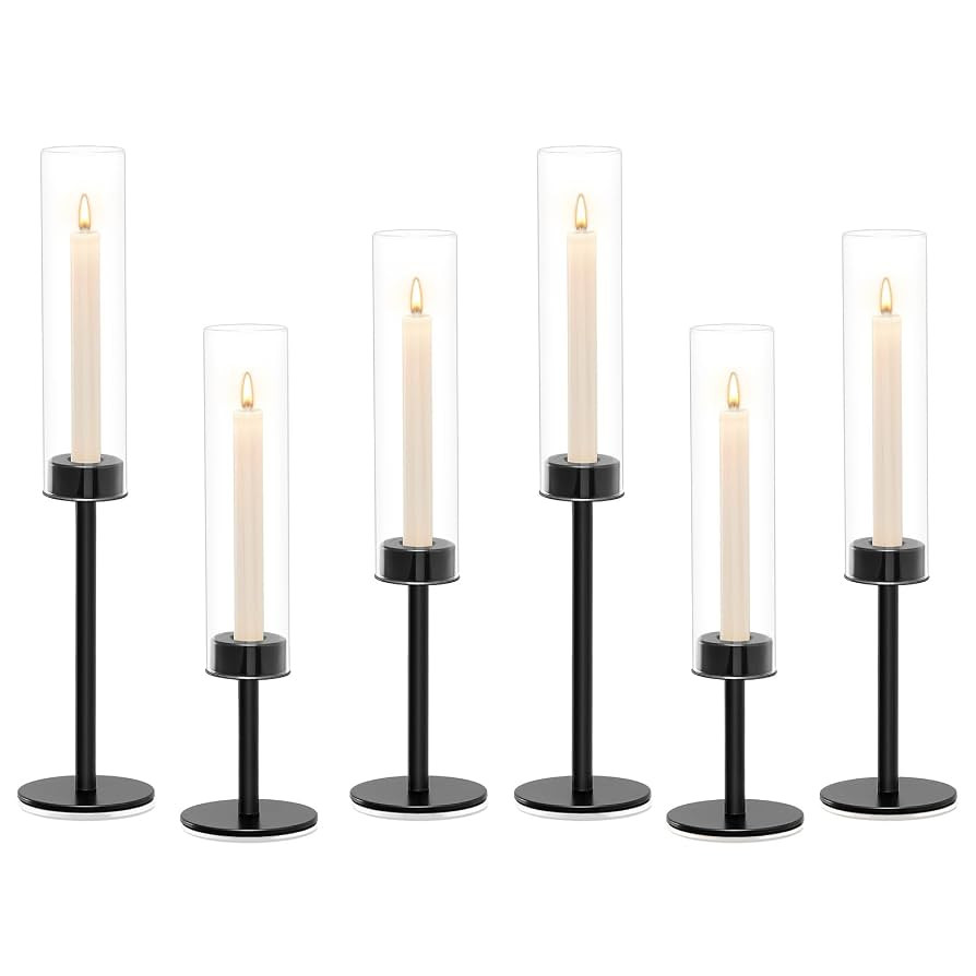 Black Hurricane Candle Holders Set of 6, Tall Metal & Windproof Glass Taper Candle Holders, Outdo... | Amazon (US)
