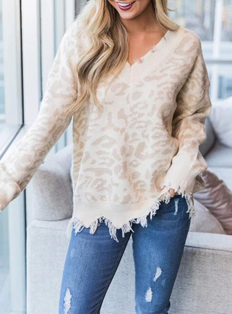 LEANI Women's Loose Knitted Sweater Long Sleeve V-Neck Ripped Pullover Sweaters Crop Top Knit Jumper | Amazon (US)