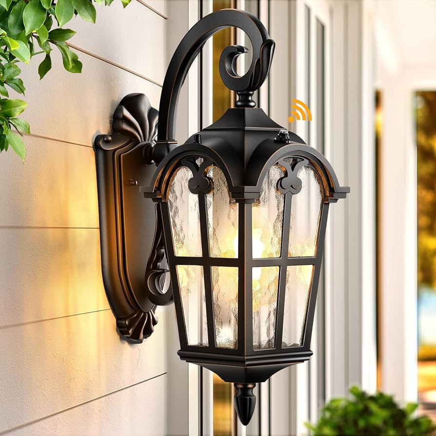 VIANIS Outdoor Wall Light, 16.9" Black Dusk to Dawn Outdoor Lighting with Gold Trim, Outside Ligh... | Amazon (US)