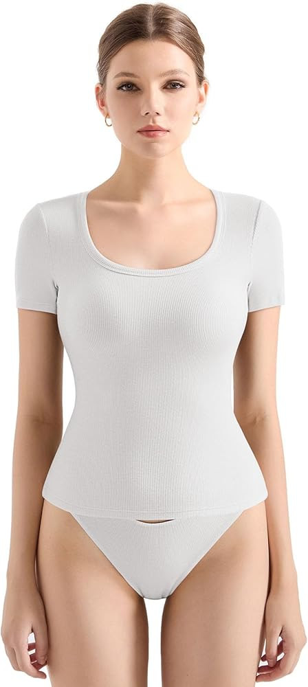 SUUKSESS Women Cotton Ribbed Scoop Neck Short Sleeve Top 2025 Summer Basic T Shirt | Amazon (US)