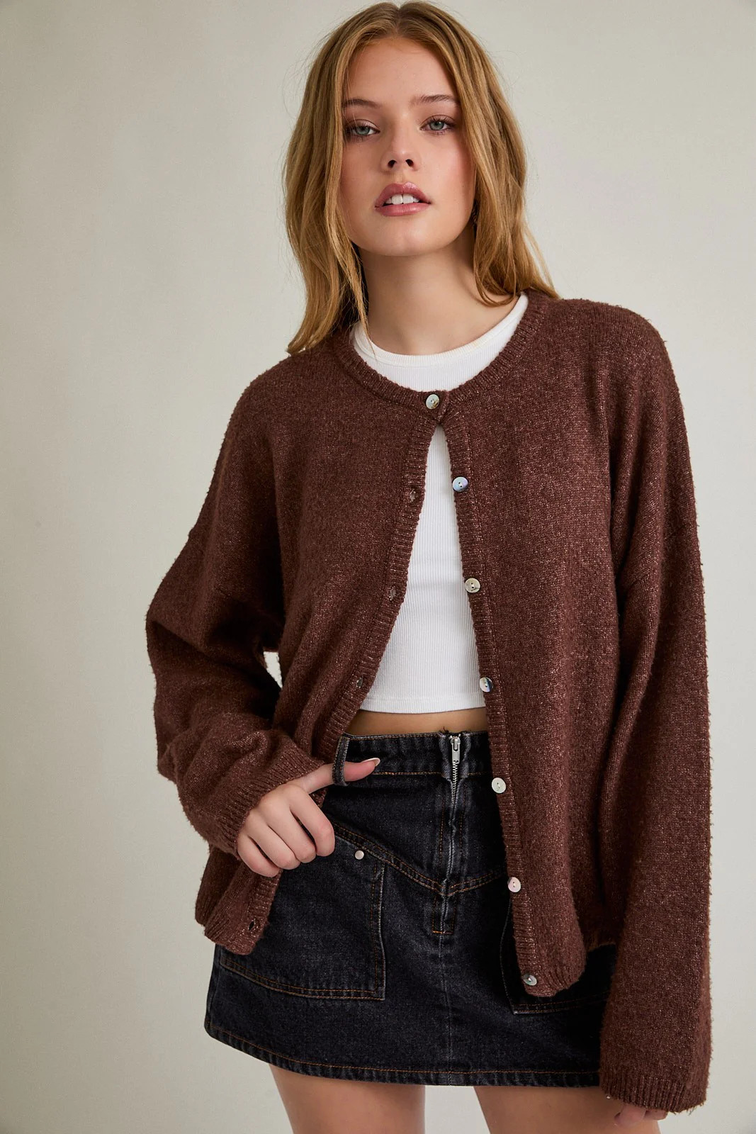 Brown Classic Crew Neck Button Cardigan | PinkBlush Maternity