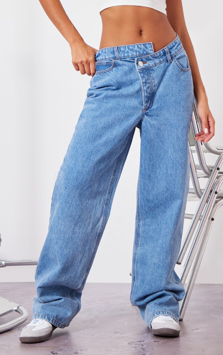 Light Blue Wash Asymmetric Waistband Wide Leg Jeans | PrettyLittleThing UK