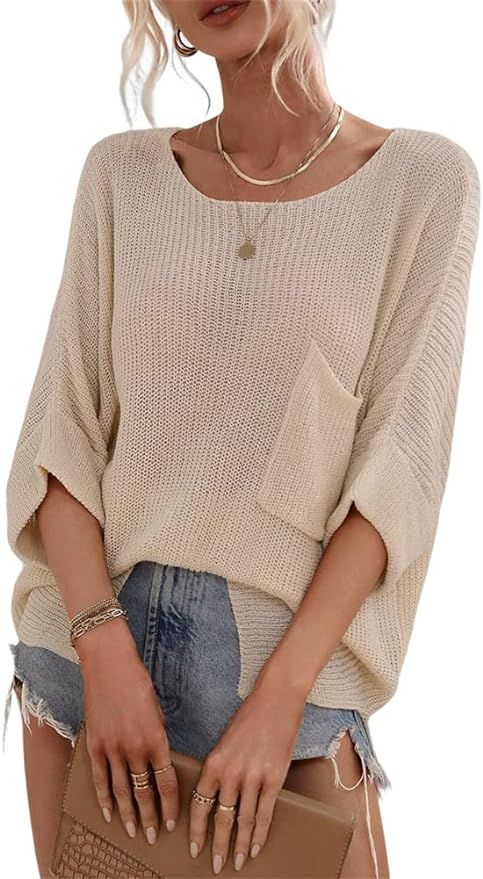 HOULENGS Women's Crewneck Hollow Out Tops Crochet Knit Pullover Sweater Batwing Sleeve Cover Ups | Amazon (US)