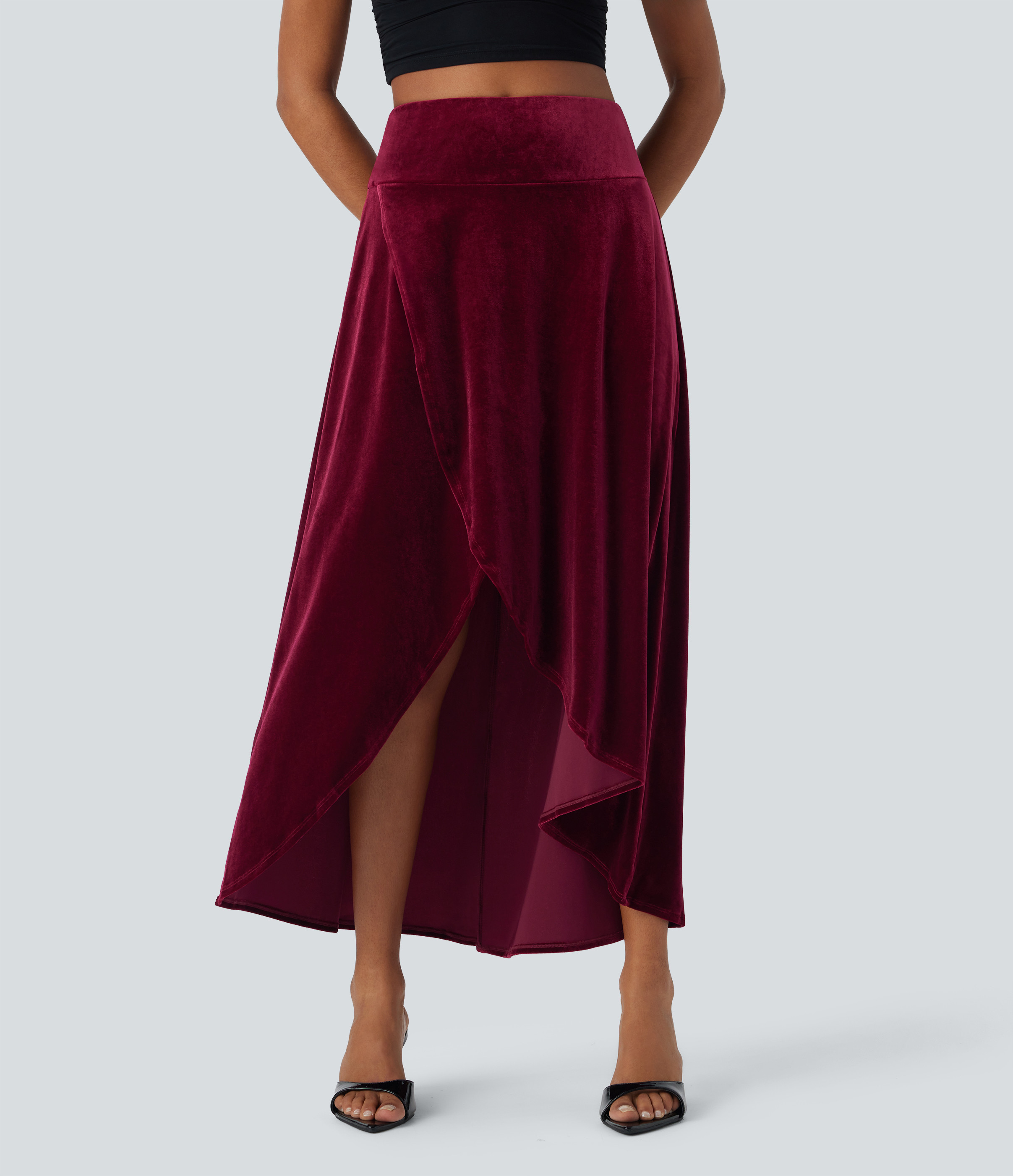 Halara High Waisted High Low Crossover 2-in-1 Velvet Maxi Skirt - Sangria - S(regular) | HALARA
