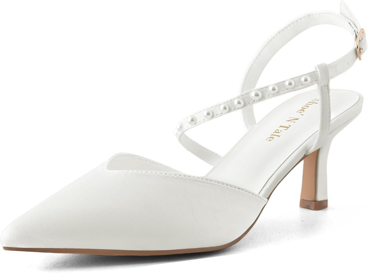 Shoe'N Tale Womens Pearl Kitten Heels Stiletto Pumps Closed Pointed Toe Ankle Strap Satin Dress W... | Amazon (US)