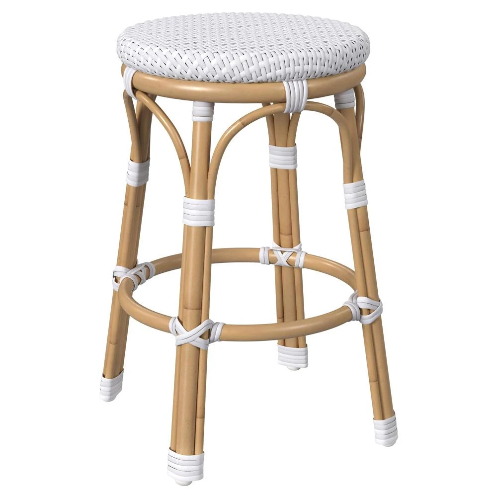 Lily French Country White Woven Rattan Outdoor Backless Counter Stool | Kathy Kuo Home