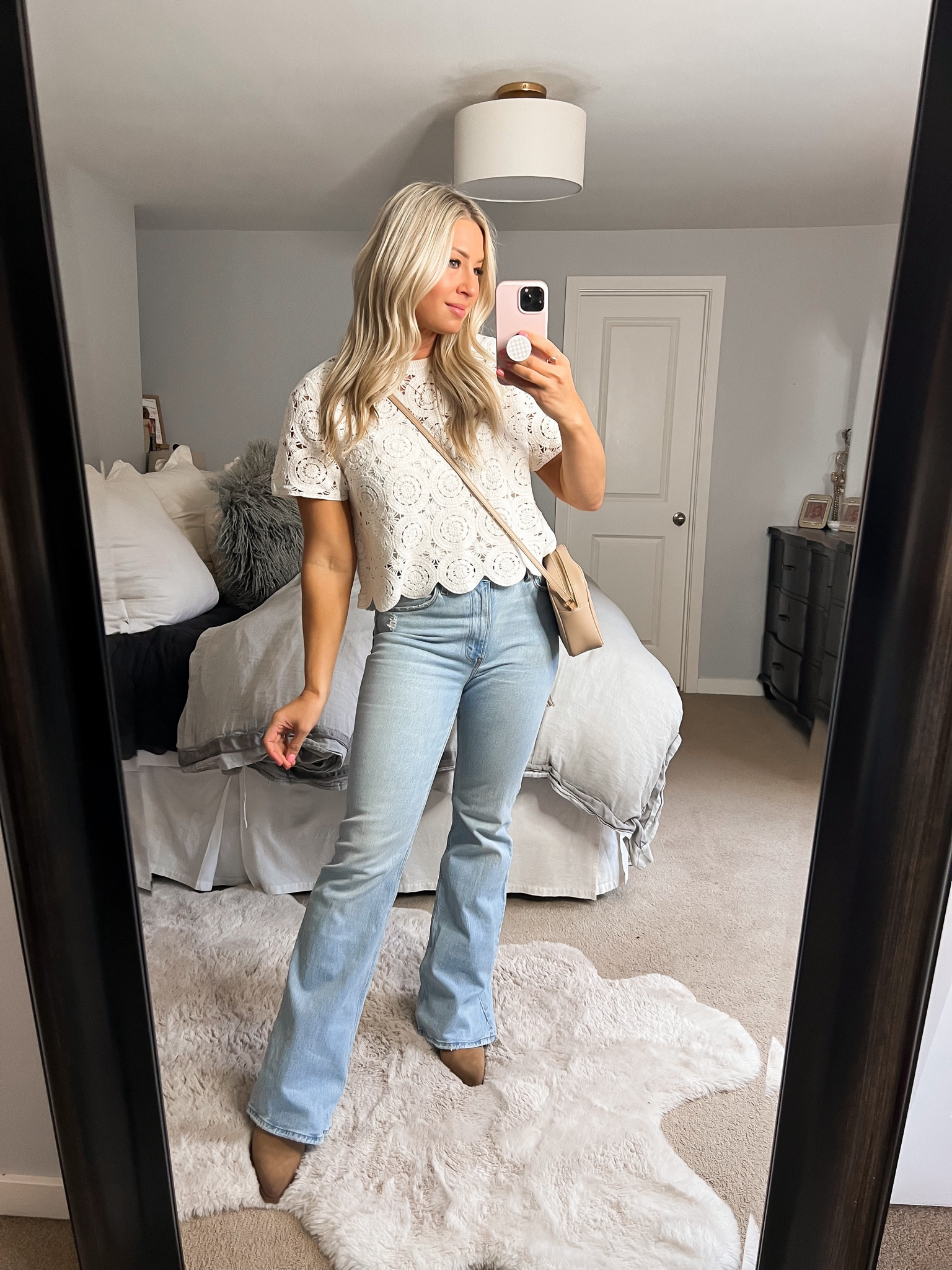 Crochet Abercrombie shirt (I went up a size)
Abercrombie flare denim 
Booties 
Spring outfit idea 
Over 40 style 

#LTKstyletip #LTKmidsize #LTKfindsunder100