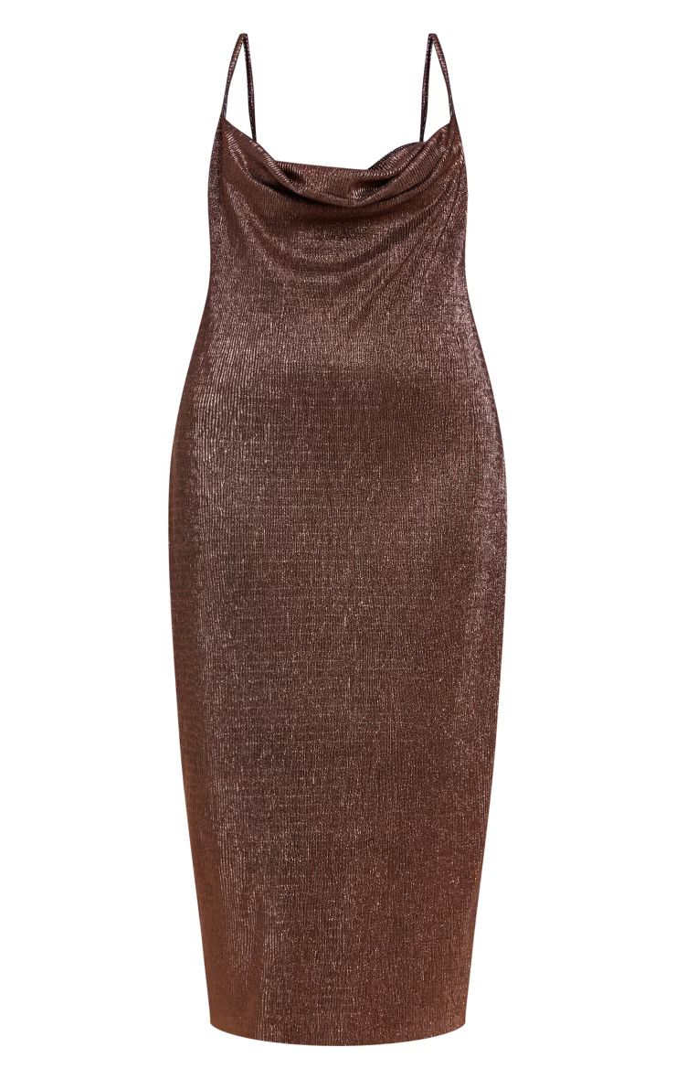 Plus Bronze Textured Glitter Cowl Neck Midi Dress | PrettyLittleThing US