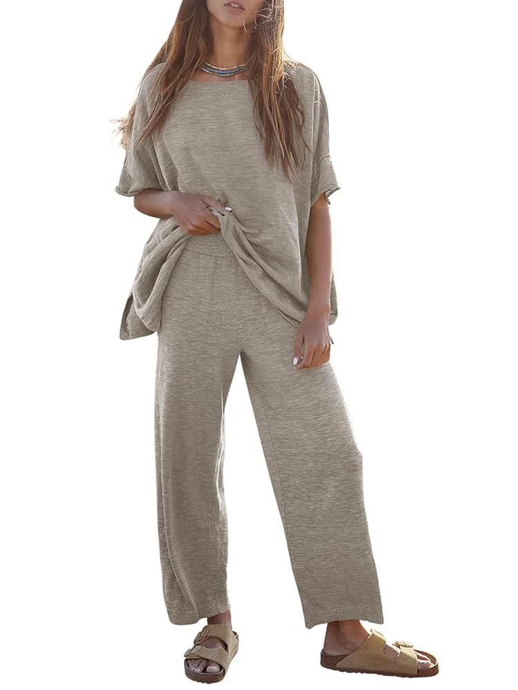Tankaneo Women's 2 Piece Travel Outfits Casual Short Sleeve Knit Sweater Set Wide Leg Pants Loung... | Amazon (US)