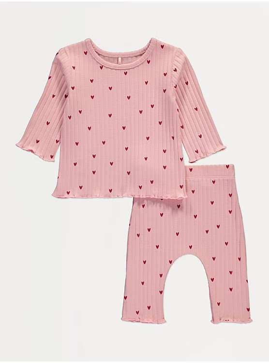 Pink Heart Ribbed Long Sleeve Top and Leggings Set | George at ASDA
