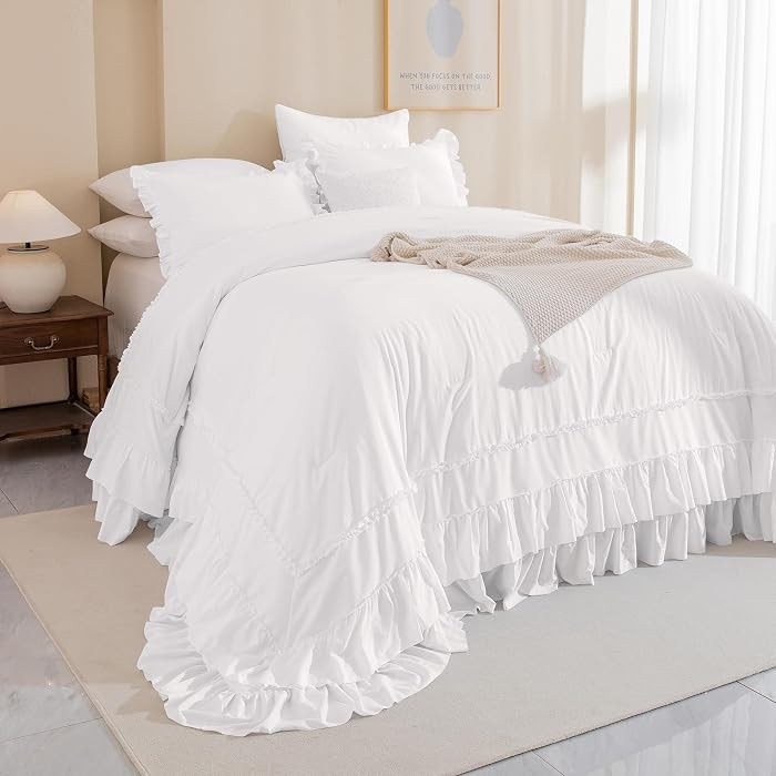 QSH 3PCs Natural White Ruffled Oversized King Comforter 120x120, Shabby Boho Chic Farmhouse Ruffl... | Amazon (US)