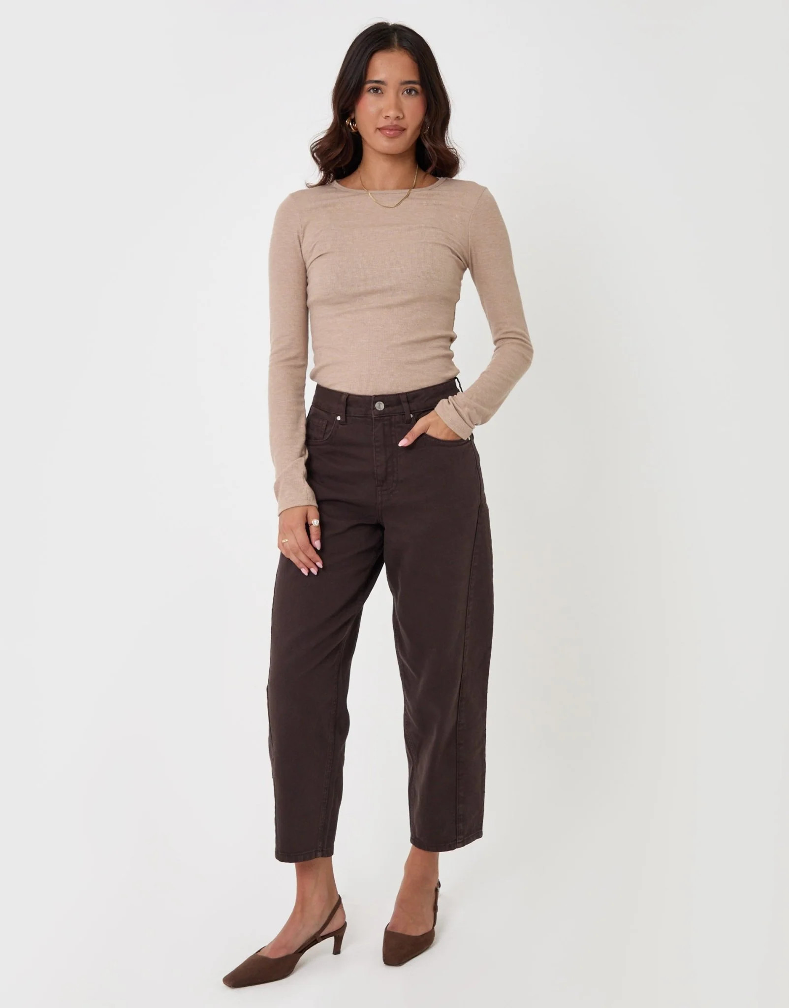 Barrel Leg Jeans in Chocolate Brown | Threadbare UK