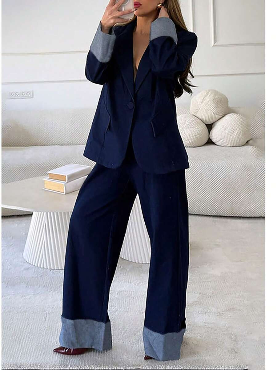 LocalElegant Women's Solid Color Contrast Splice Single-Button Faux Pocket Button Casual Office S... | SHEIN