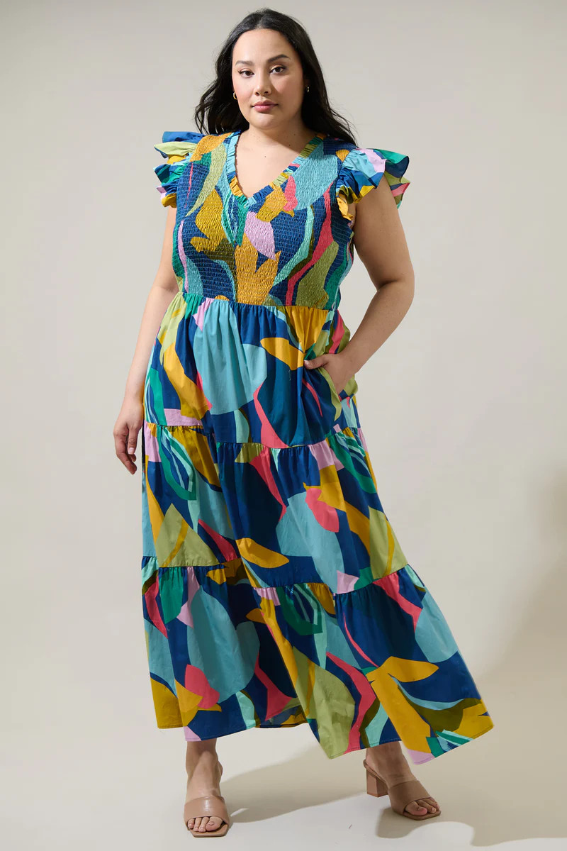 Gia Abstract Sunfire Smocked Bodice Tiered Midi Dress Curve | Sugarlips