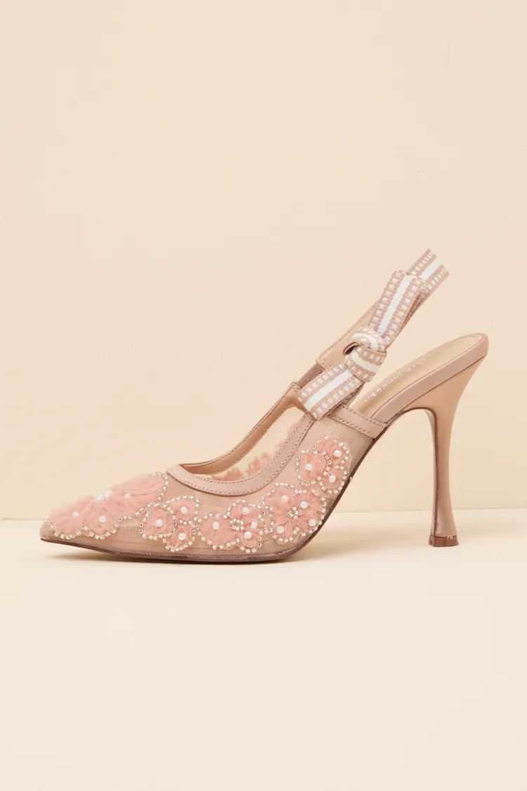 Bri Blush Mesh Ribbon Pointed-Toe Slingback Pumps | Lulus