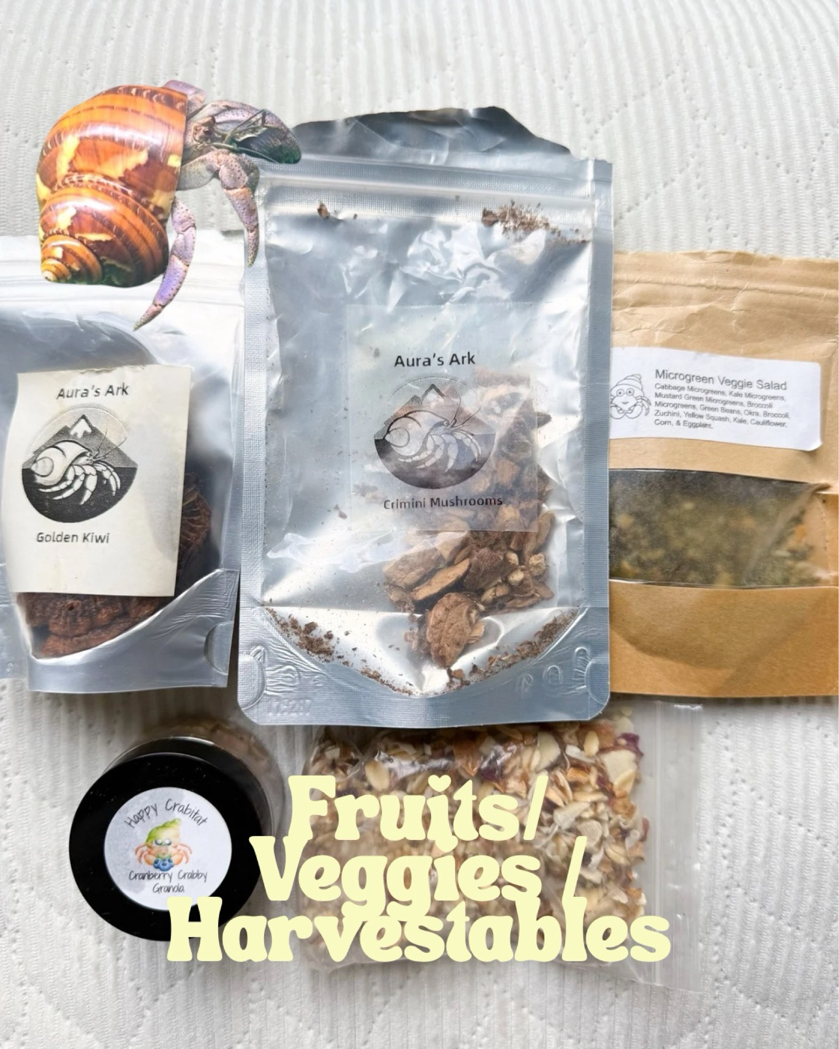 Fruits, veggies, harvestable for hermit crabs