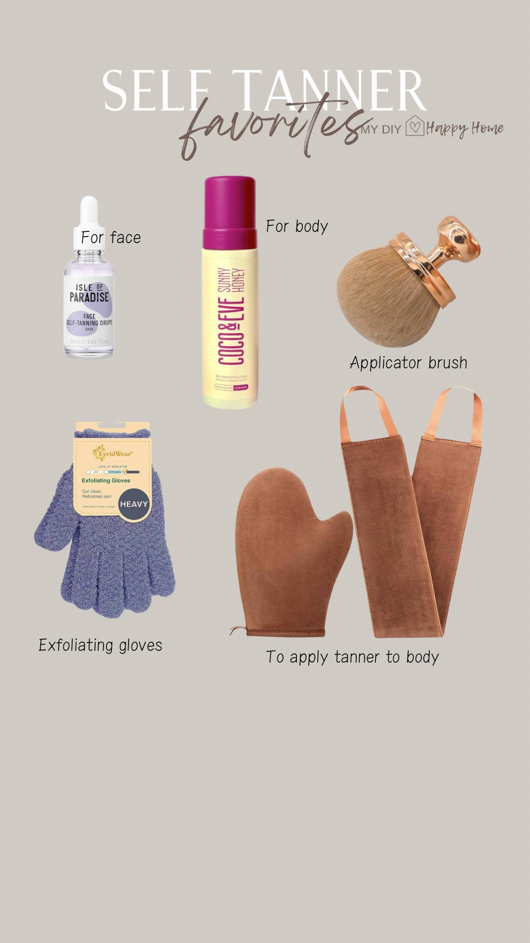 My self tanner favorites… I occasionally try others - but always come back to these.

•Tanning drops for face - mix in with your moisturizer 
•tanning mousse - I use the ultra dark 
•exfoliating glove
•tanning brush 
•tanning mitt + back applicator 

My tips: 
•shave 24 hours prior to application 
•before applying tanner exfoliate your body - I use the exfoliating gloves and my body wash 
•moisturize your knees, elbows, ankles and wrists 
•for face: apply desired amount of drops I usually do about 5 mix with your daily face moisturizer and apply to face - I blend down into neck also 
•for body use the mitt and apply the mousse (use the back applicator for your back, and the brush to help blend where needed) 
•allow to dry before dressing 
•I usually leave on for 8 hours (or overnight) then wash off 

#LTKFindsUnder50 #LTKSeasonal #LTKBeauty