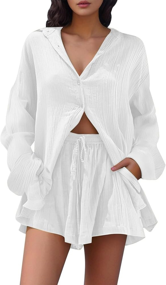 Aniywn Women's 2 Piece Outfits Summer Cozy Linen Sets Long Sleeve Button Shirts Matching High Wai... | Amazon (US)